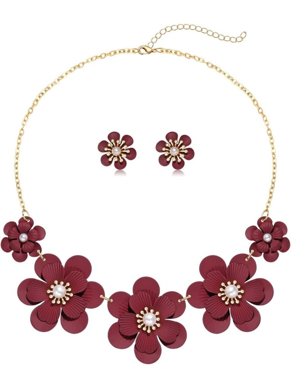 Women's Brown Ear Ring Flower Matte Enamel Pearl Charm Choker Statement Necklace